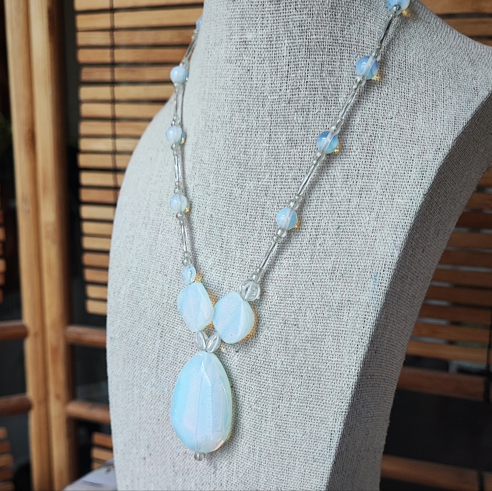 Blue Opalite Opaline Glass Y Design Necklace Silver Tone Barrel Clasp Artisan - Picture 3 of 9